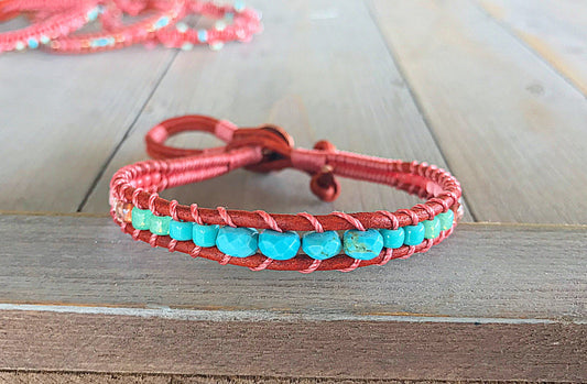Turquoise center and Coral Ladder Wrap Stack bracelet