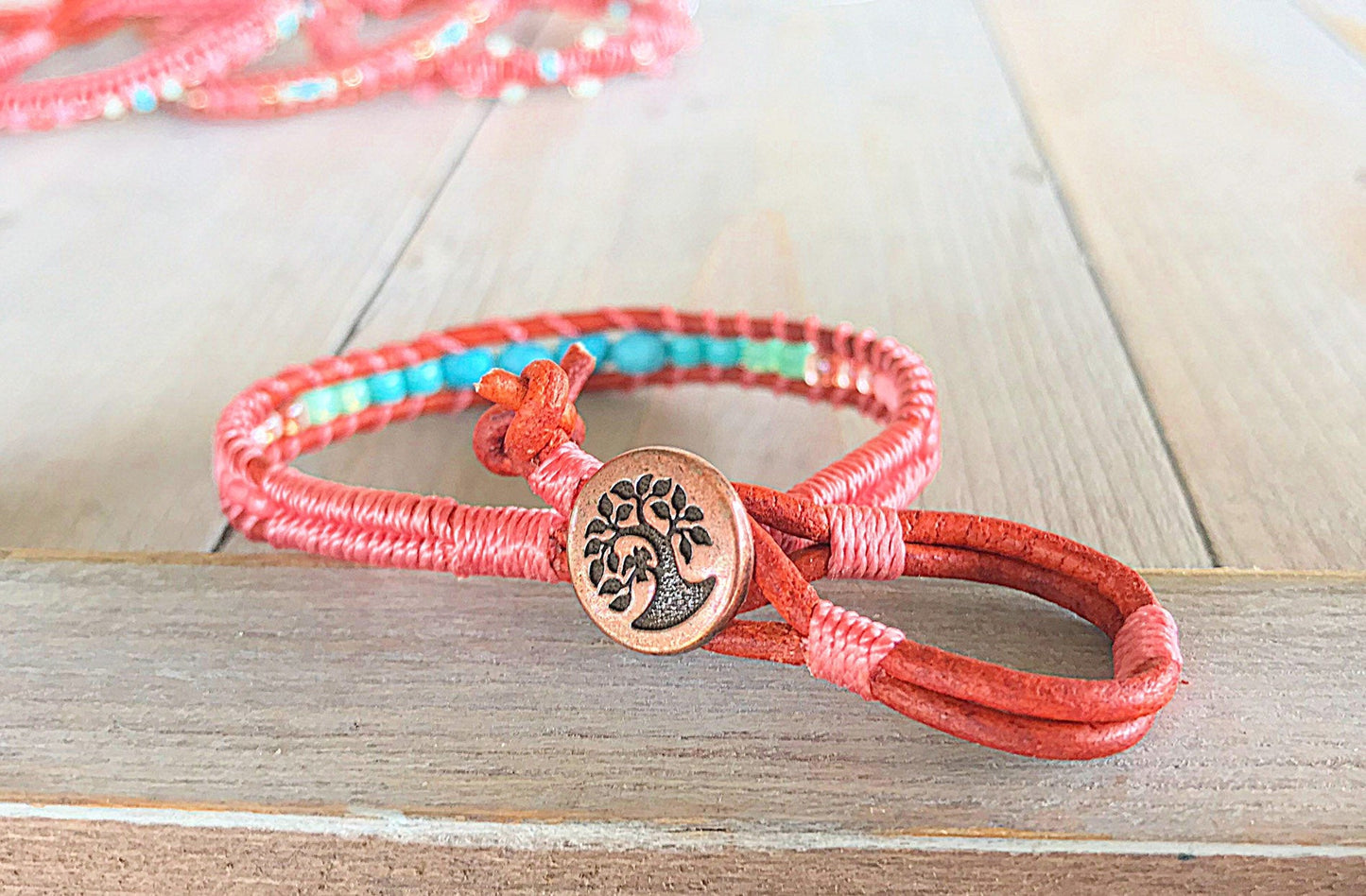 Turquoise center and Coral Ladder Wrap Stack bracelet