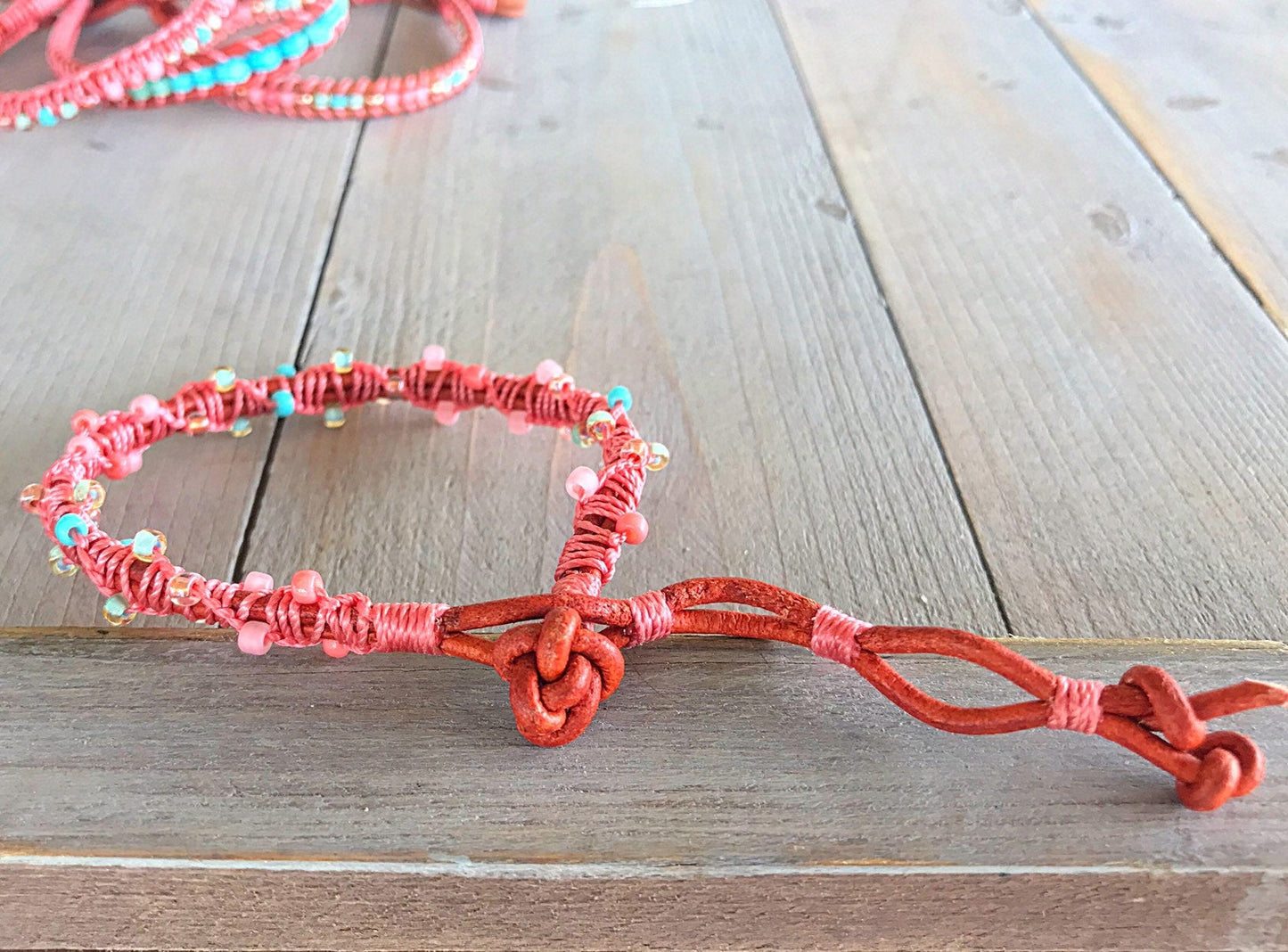 Coral and Aqua Spiral Macrame Woven Leather Stack bracelet