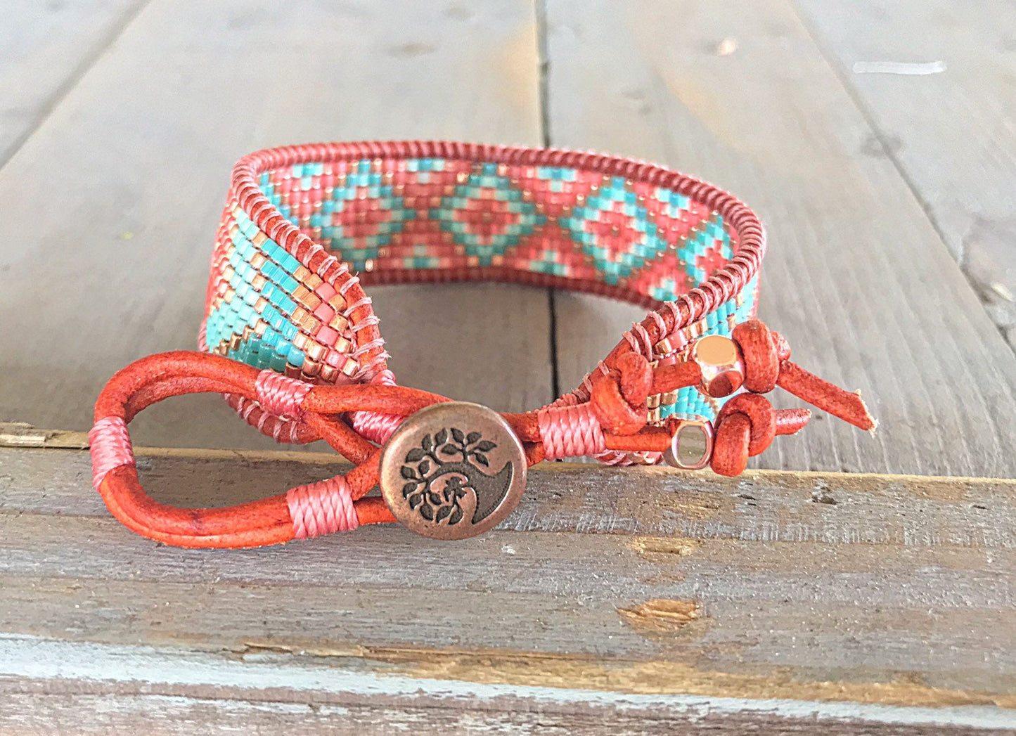 Turquoise, Coral and Copper Beaded Diamond and Chevron Loom Woven cuff Bracelet