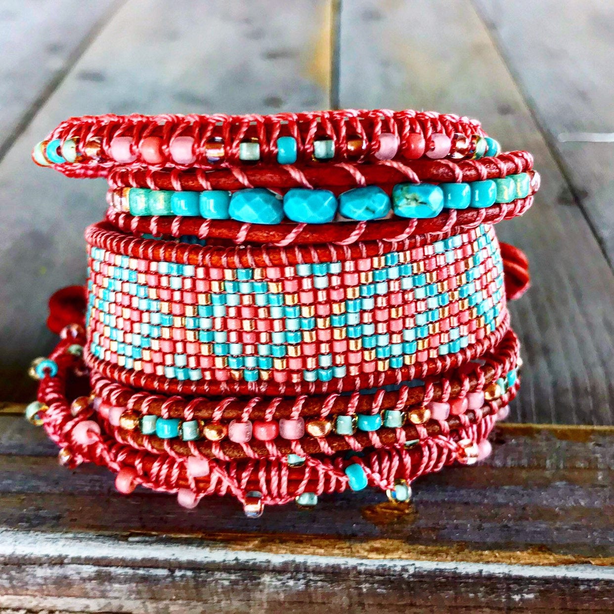 Turquoise, Coral and Copper Beaded Diamond and Chevron Loom Woven cuff Bracelet