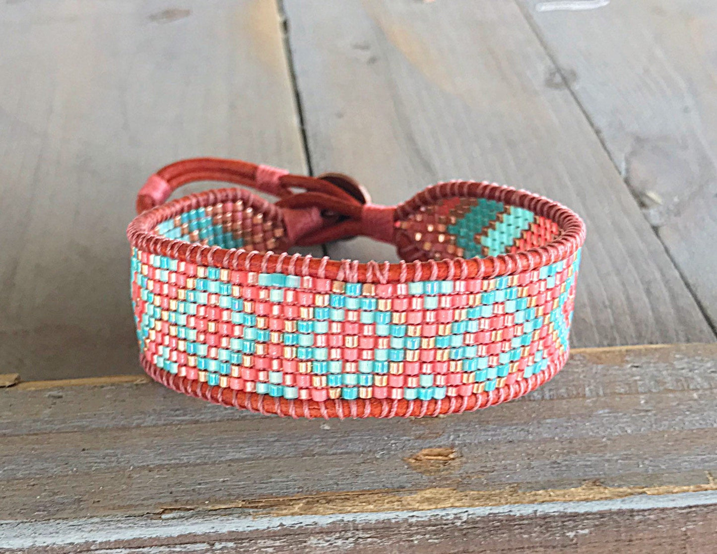 Turquoise, Coral and Copper Beaded Diamond and Chevron Loom Woven cuff Bracelet