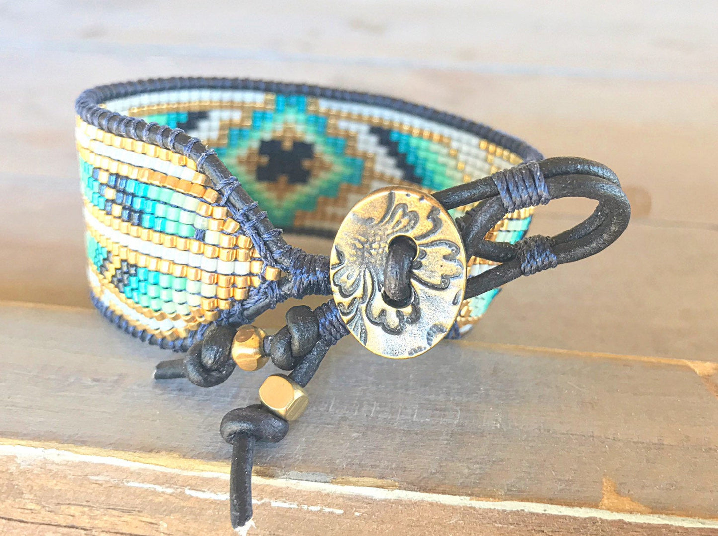 Navy,Teal, and Gold Bohemian Loom Woven Southwestern Tribal Beaded Bracelet