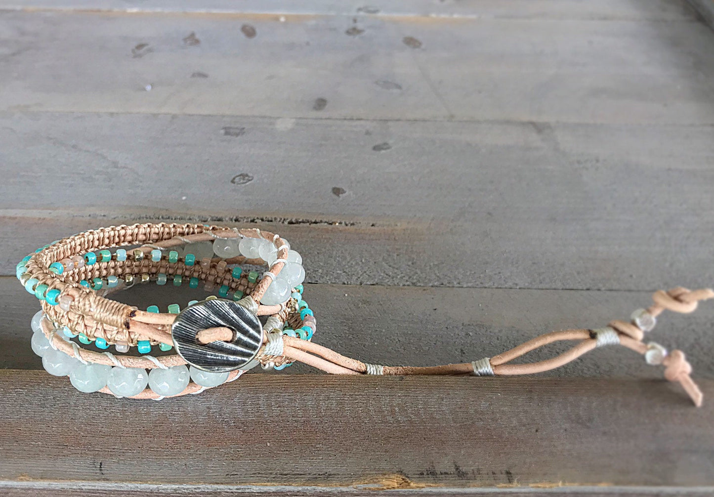 Seafoam Jade and Macrame Boho 3x wrap bracelet