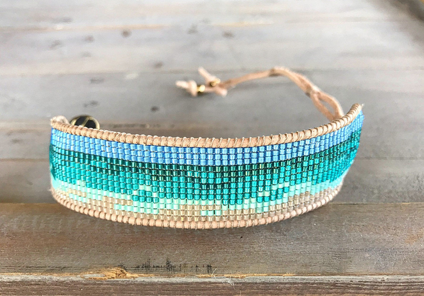 Beach Loom Beaded Bracelet, Bead woven Leather bracelet