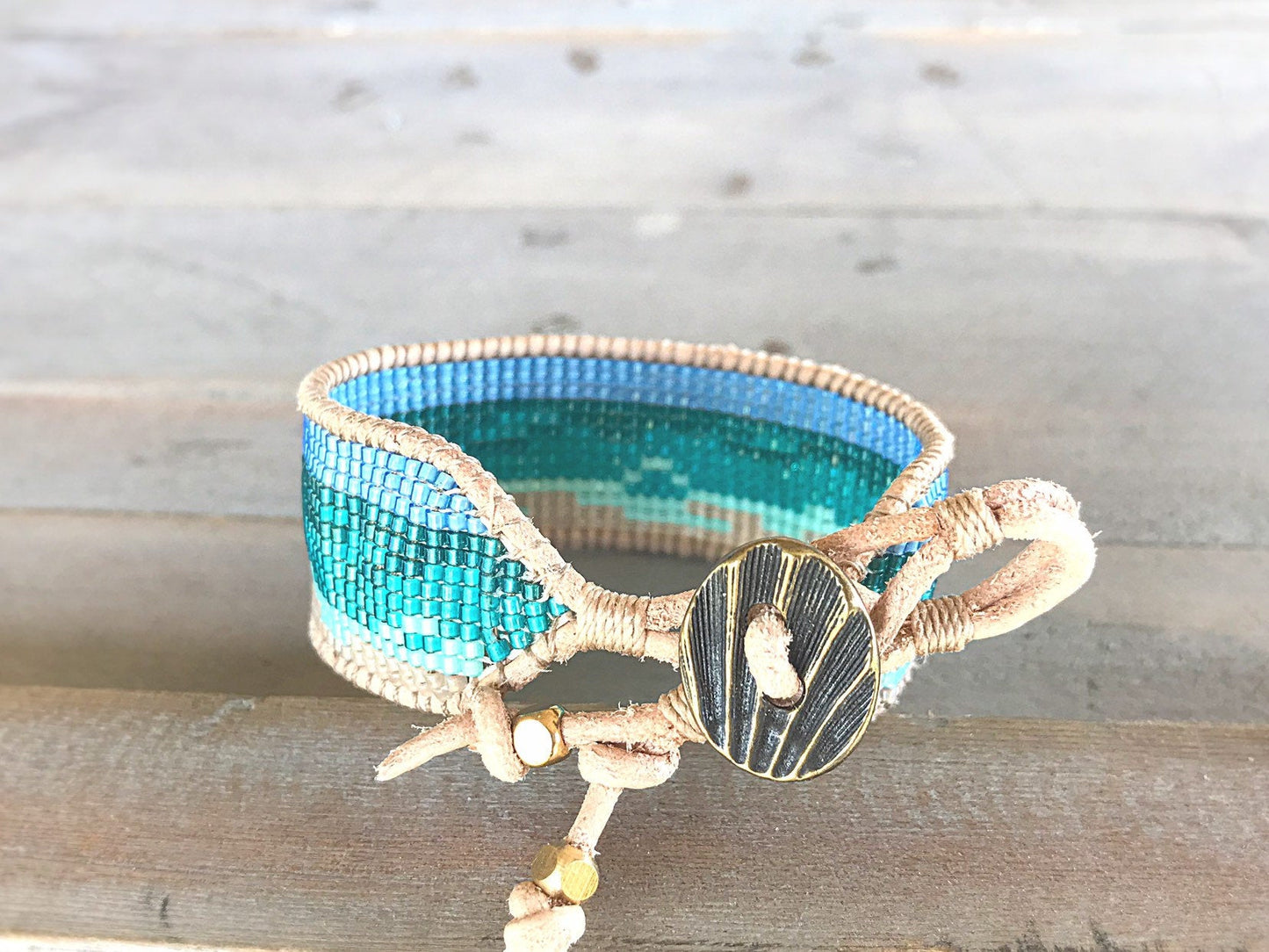 Beach Loom Beaded Bracelet, Bead woven Leather bracelet