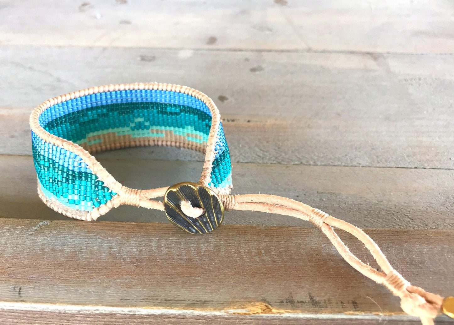 Beach Loom Beaded Bracelet, Bead woven Leather bracelet