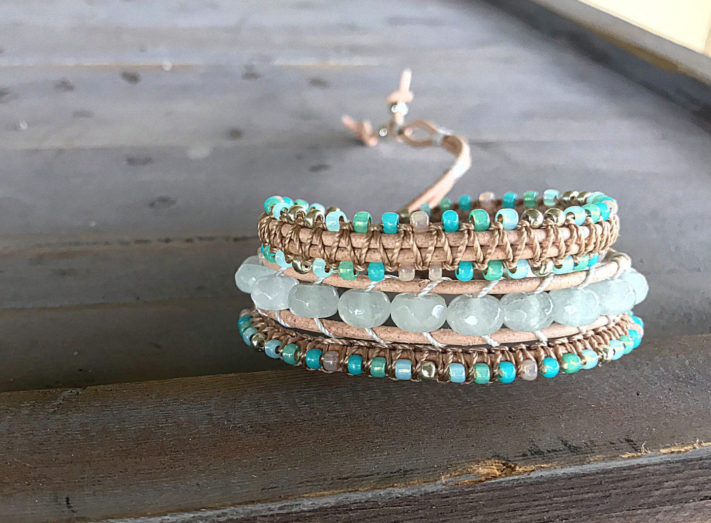 Seafoam Jade and Macrame Boho 3x wrap bracelet