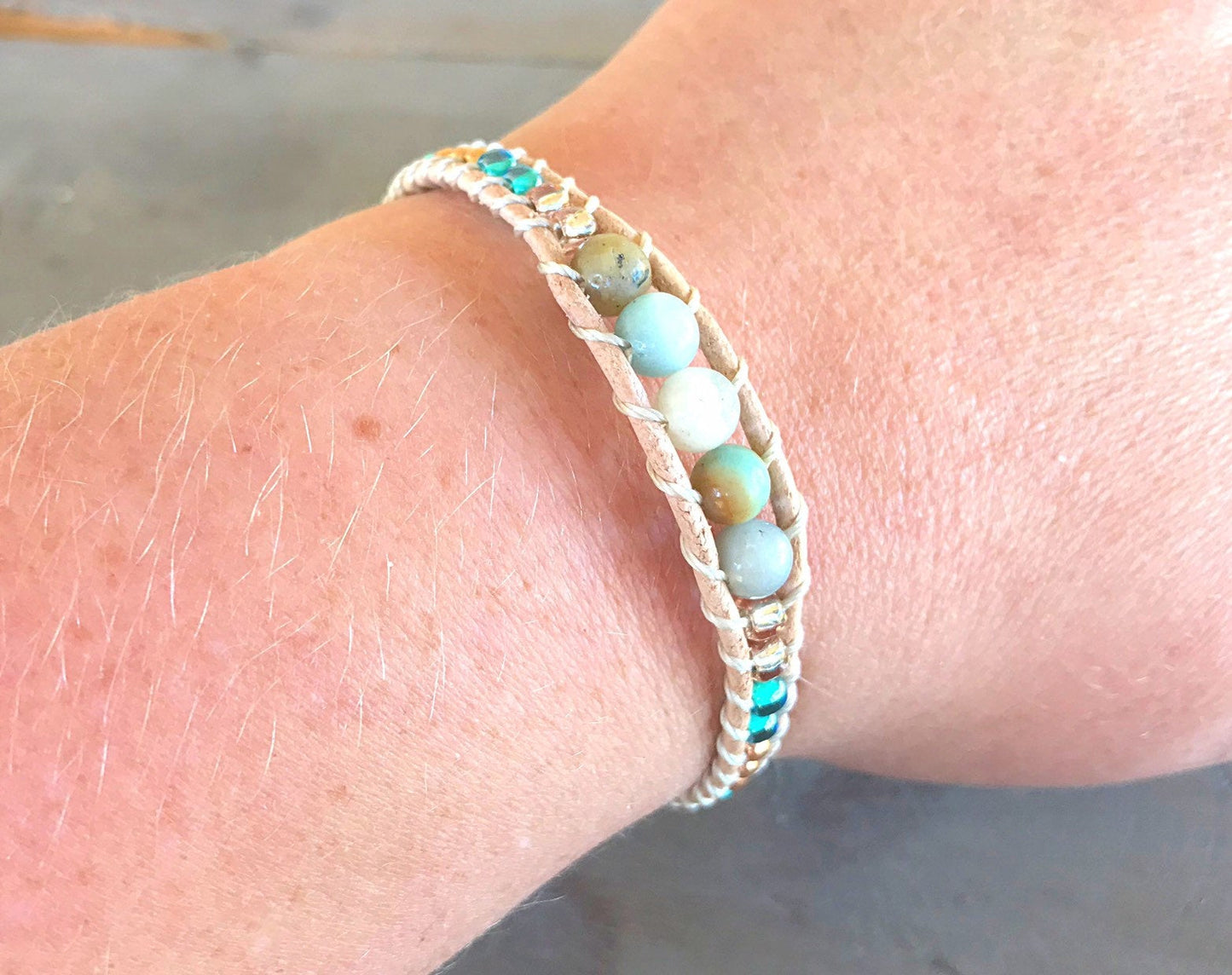 Amazonite Center Aqua, Tan, and Rose Gold Beaded Leather Stack Bracelet