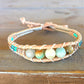 Amazonite Center Aqua, Tan, and Rose Gold Beaded Leather Stack Bracelet