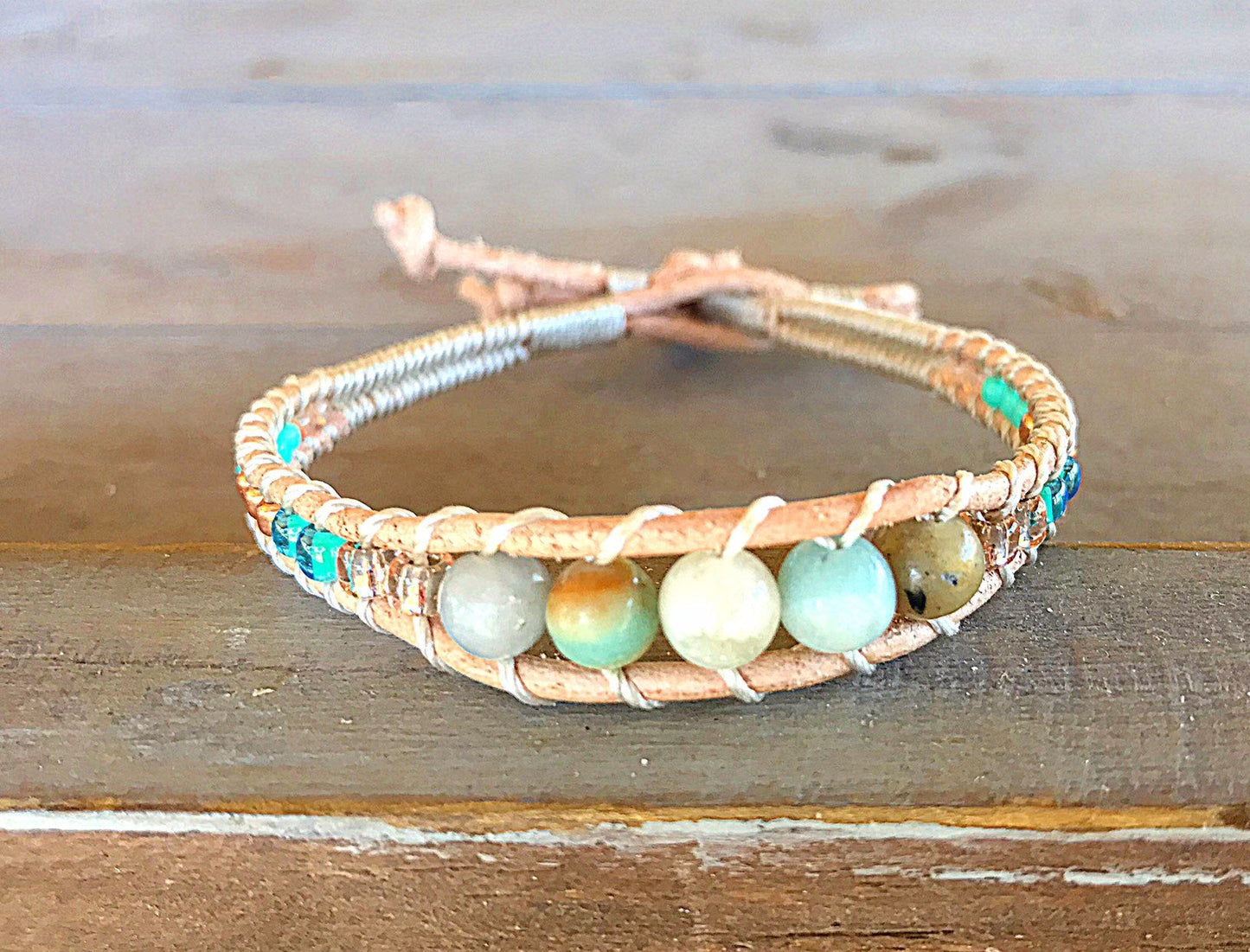 Amazonite Center Aqua, Tan, and Rose Gold Beaded Leather Stack Bracelet