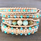 Amazonite Center Aqua, Tan, and Rose Gold Beaded Leather Stack Bracelet