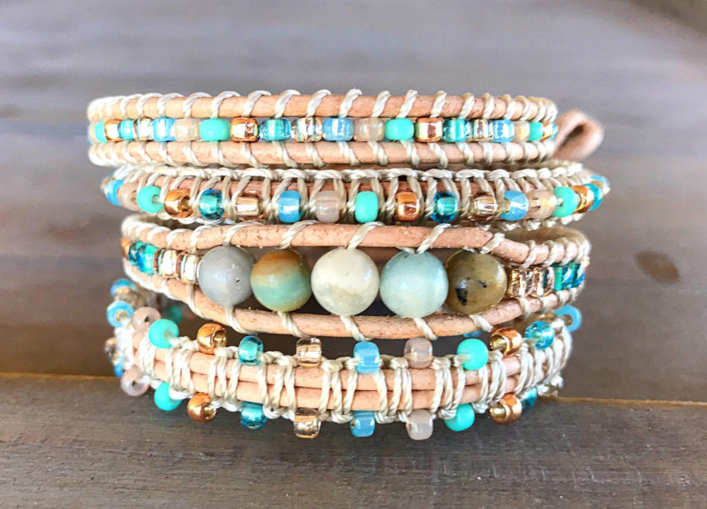 Amazonite Center Aqua, Tan, and Rose Gold Beaded Leather Stack Bracelet