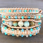Aqua, Tan, and Rose Gold Beaded Leather Single Wrap Bracelet