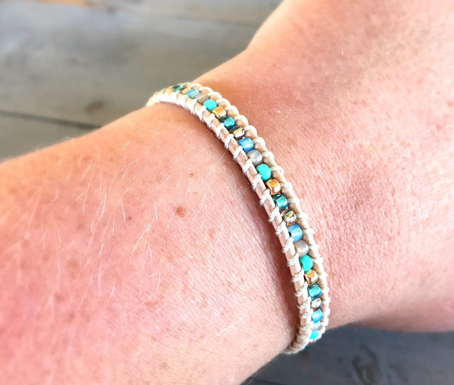 Aqua, Tan, and Rose Gold Beaded Leather Single Wrap Bracelet