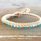 Aqua, Tan, and Rose Gold Top Macrame Beaded Leather Single Wrap Bracelet