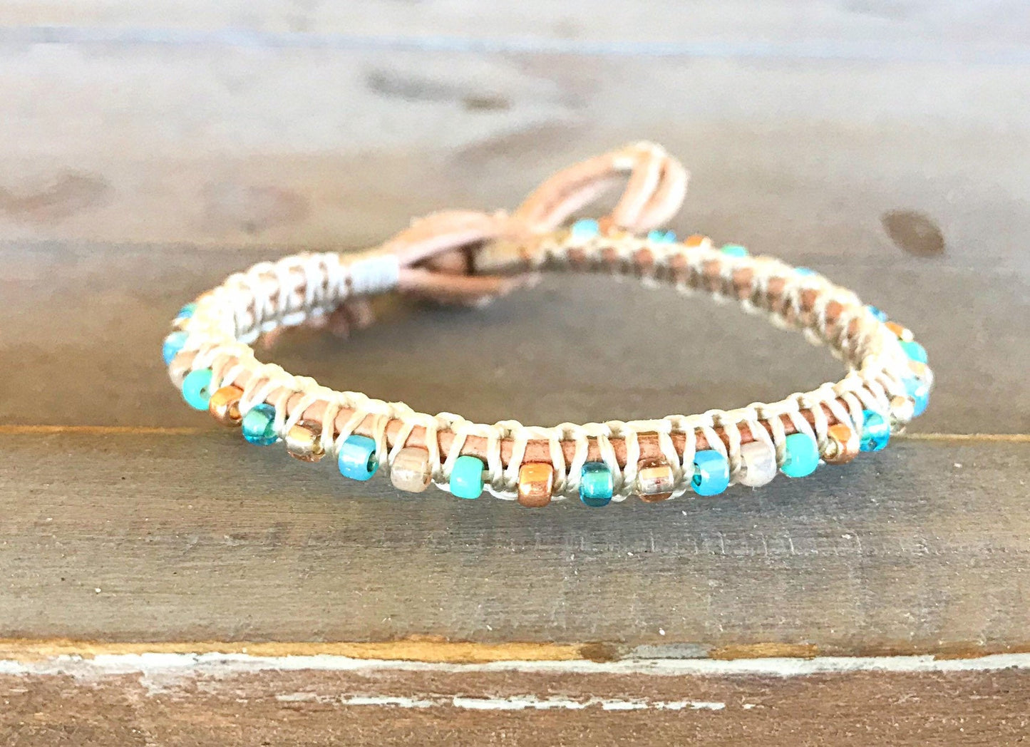 Aqua, Tan, and Rose Gold Top Macrame Beaded Leather Single Wrap Bracelet