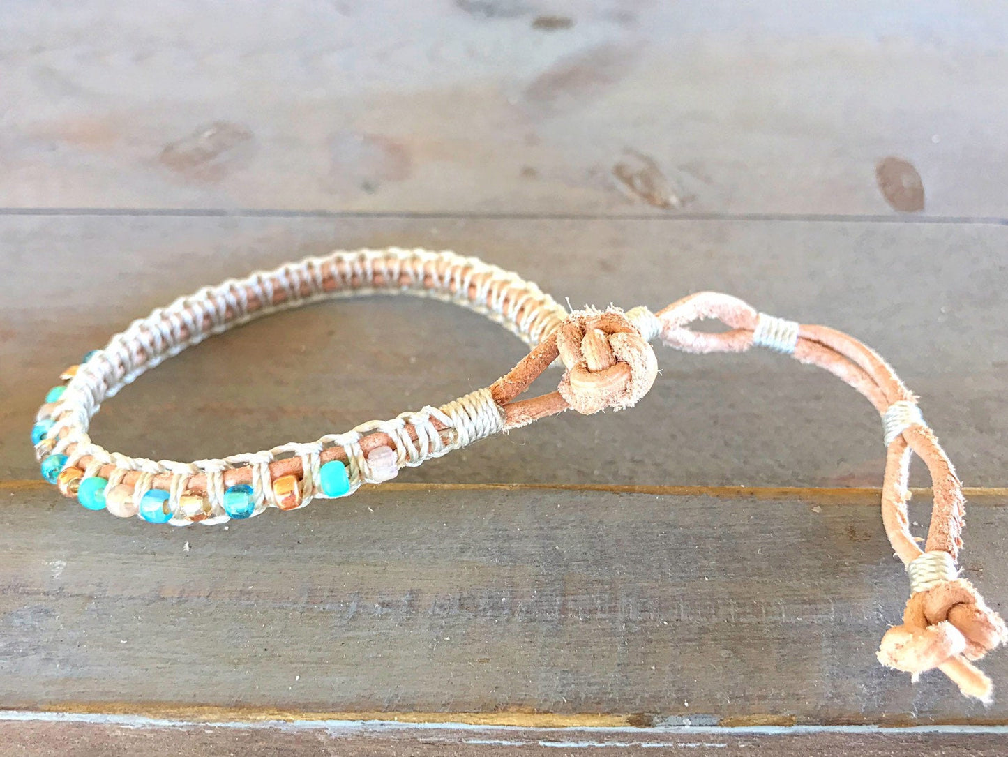 Aqua, Tan, and Rose Gold Top Macrame Beaded Leather Single Wrap Bracelet