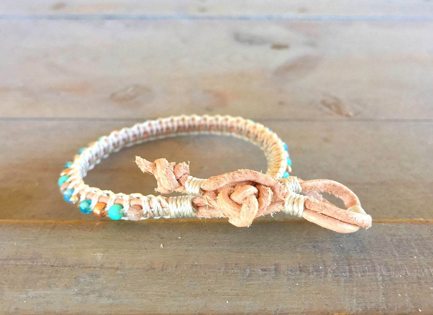 Aqua, Tan, and Rose Gold Top Macrame Beaded Leather Single Wrap Bracelet