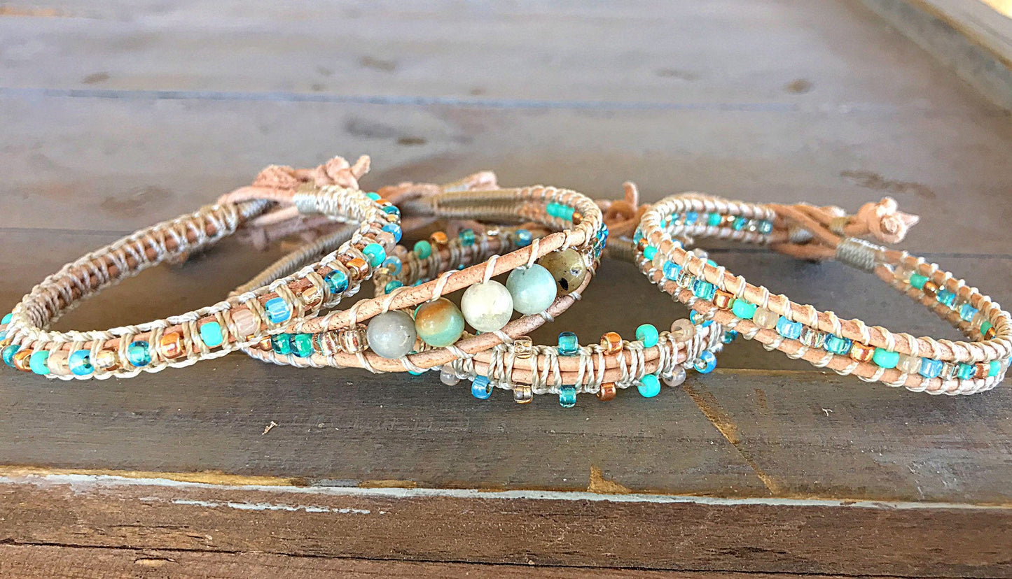 Aqua, Tan, and Rose Gold Top Macrame Beaded Leather Single Wrap Bracelet