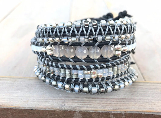 Black, Gray, and Silver Beaded Leather Single Wrap Bracelet