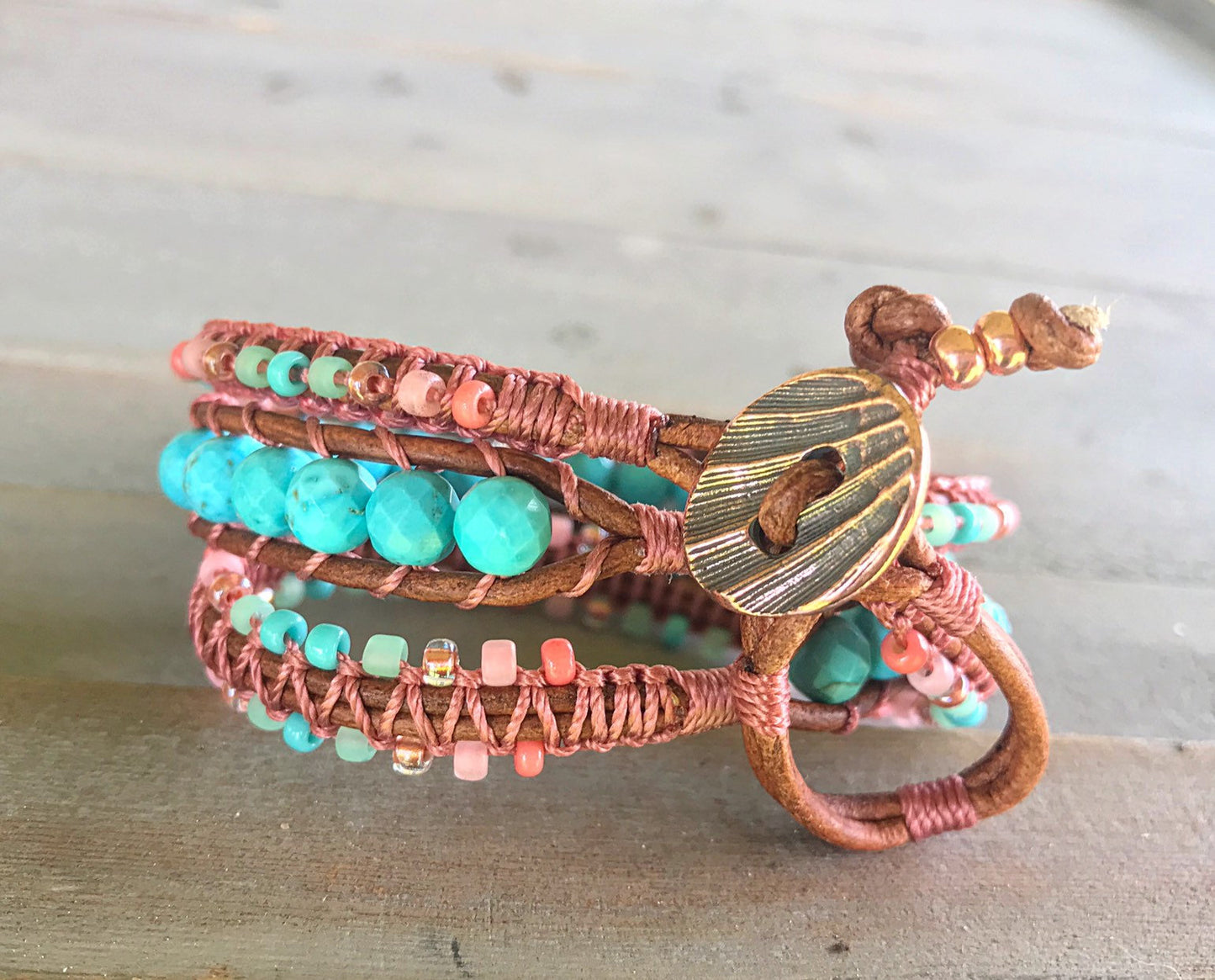 Turquoise and Coral Macrame Wrap bracelet, boho bracelet