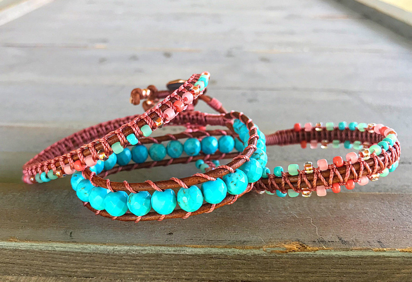 Turquoise and Coral Macrame Wrap bracelet, boho bracelet