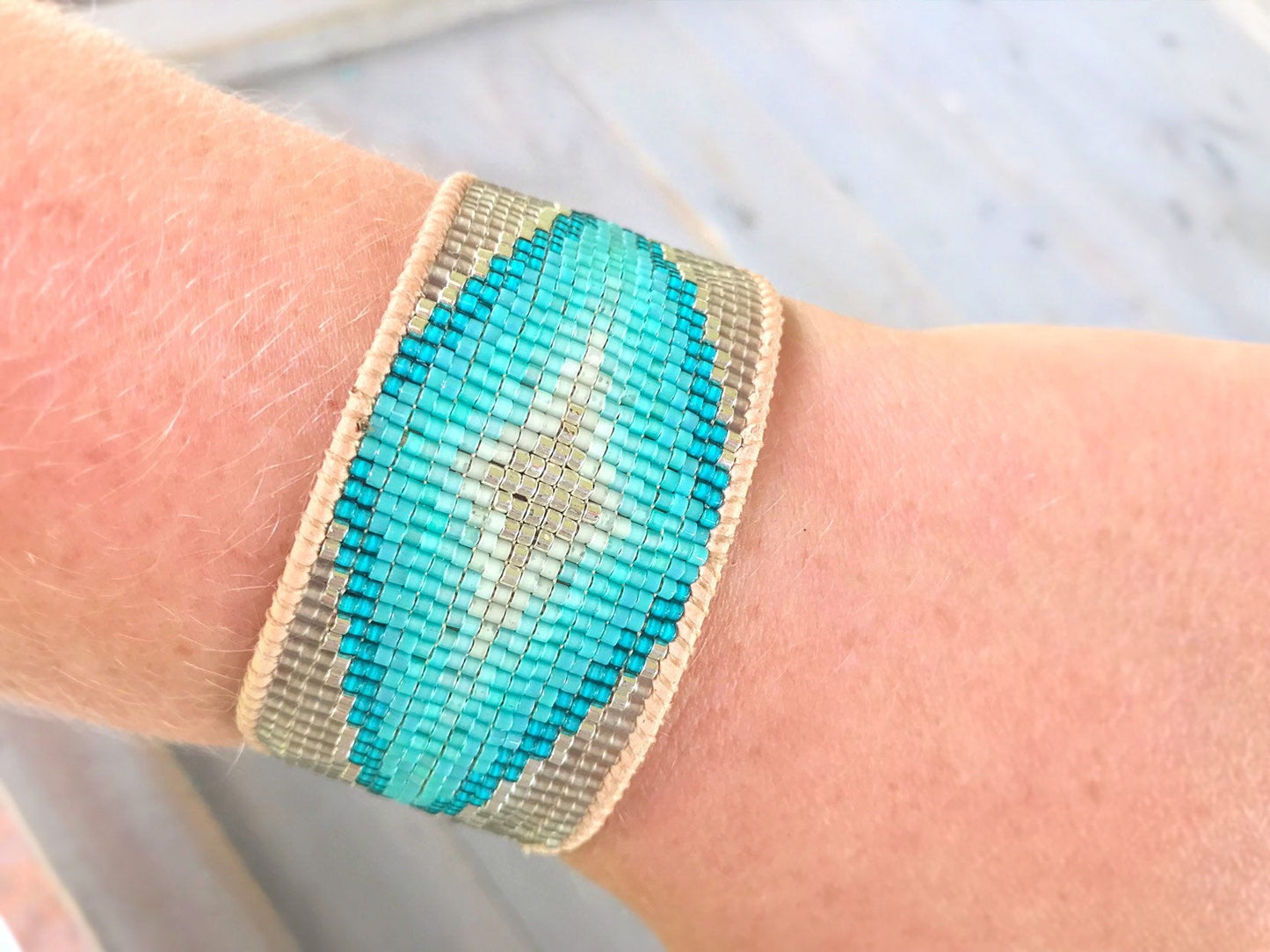 Sand and Sea Diamond Burst Bead Loom Woven LeatherBracelet