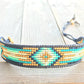 Gold, Navy, and Seafoam Starburst Bead Loom Woven Leather bracelet