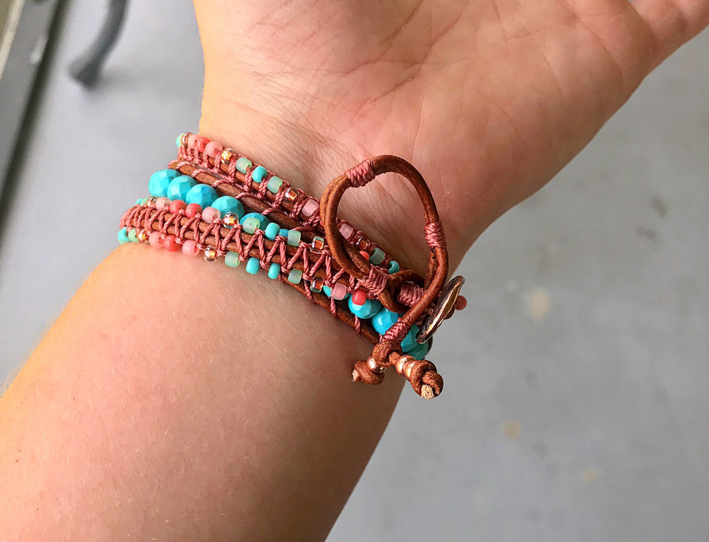 Turquoise and Coral Macrame Wrap bracelet, boho bracelet