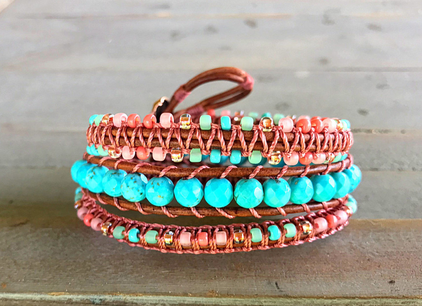 Turquoise and Coral Macrame Wrap bracelet, boho bracelet