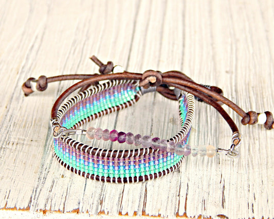 Flurite and Mint to Purple Ombre Loom Beaded Bracelet Set, birthday gift for her, boho jewelry set, chakra bracelet