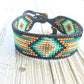 Gold, Navy, and Seafoam Starburst Bead Loom Woven Leather bracelet