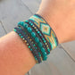 Gold, Navy, and Seafoam Starburst Bead Loom Woven Leather bracelet