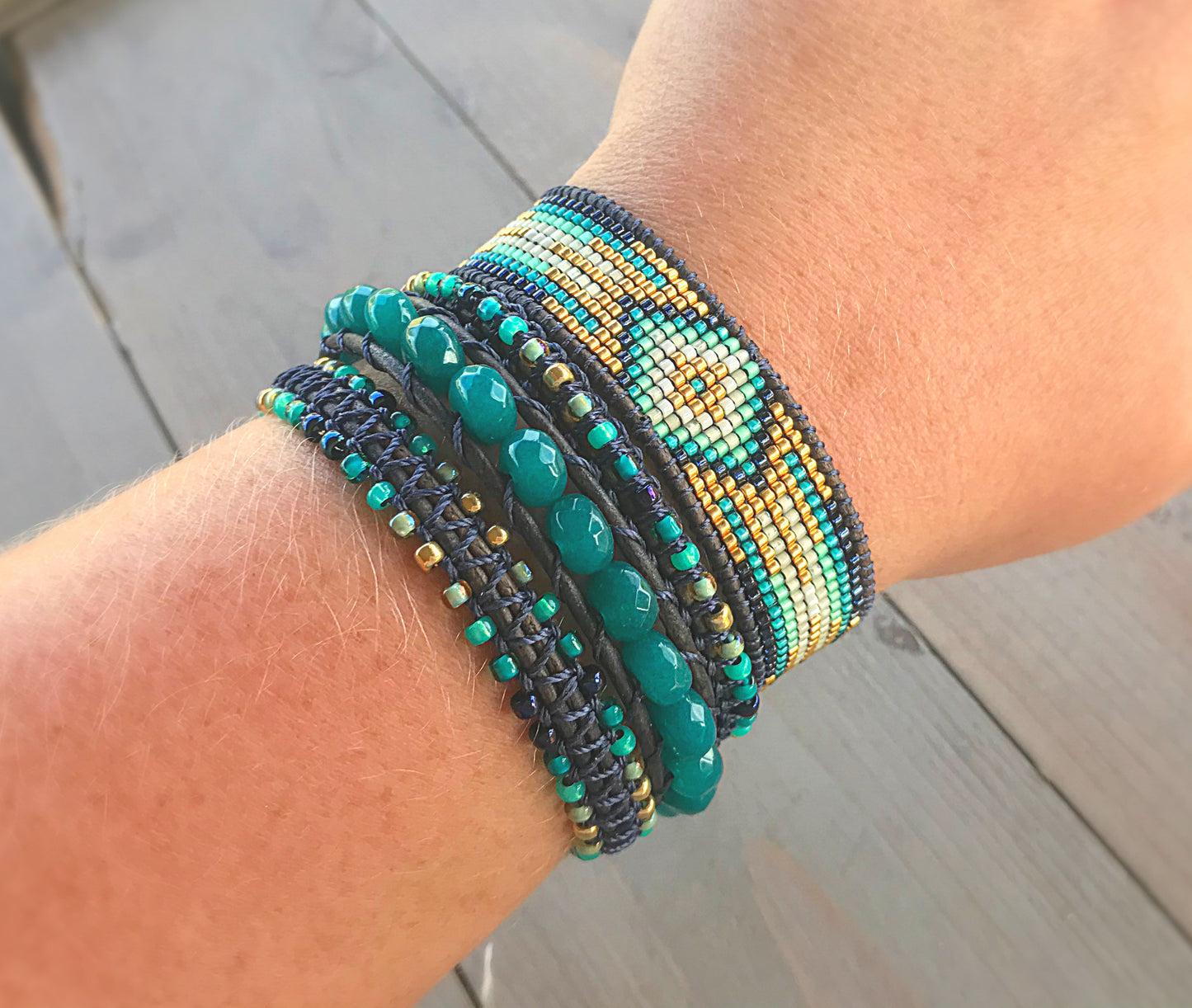 Gold, Navy, and Seafoam Starburst Bead Loom Woven Leather bracelet