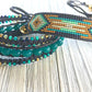 Gold, Navy, and Seafoam Starburst Bead Loom Woven Leather bracelet