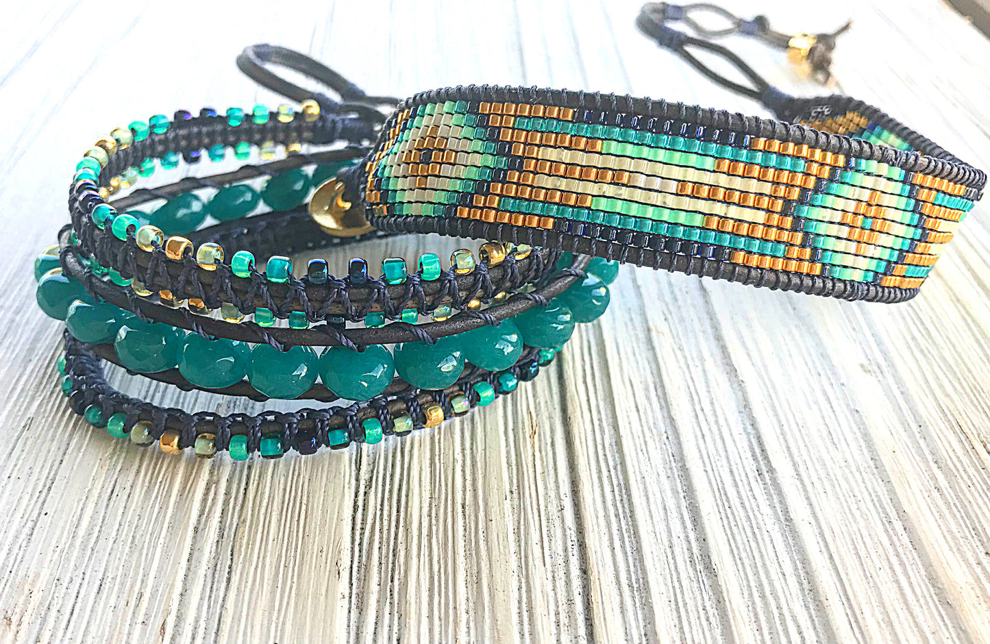 Gold, Navy, and Seafoam Starburst Bead Loom Woven Leather bracelet