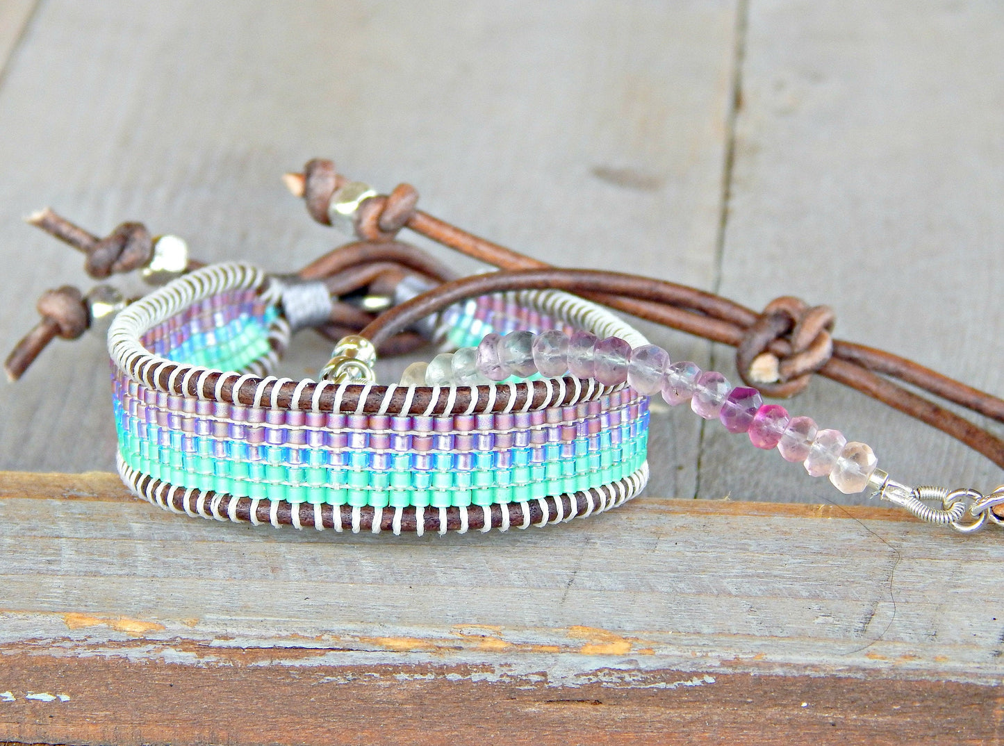 Flurite and Mint to Purple Ombre Loom Beaded Bracelet Set, birthday gift for her, boho jewelry set, chakra bracelet