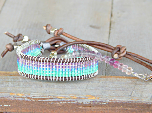 Flurite and Mint to Purple Ombre Loom Beaded Bracelet Set, birthday gift for her, boho jewelry set, chakra bracelet