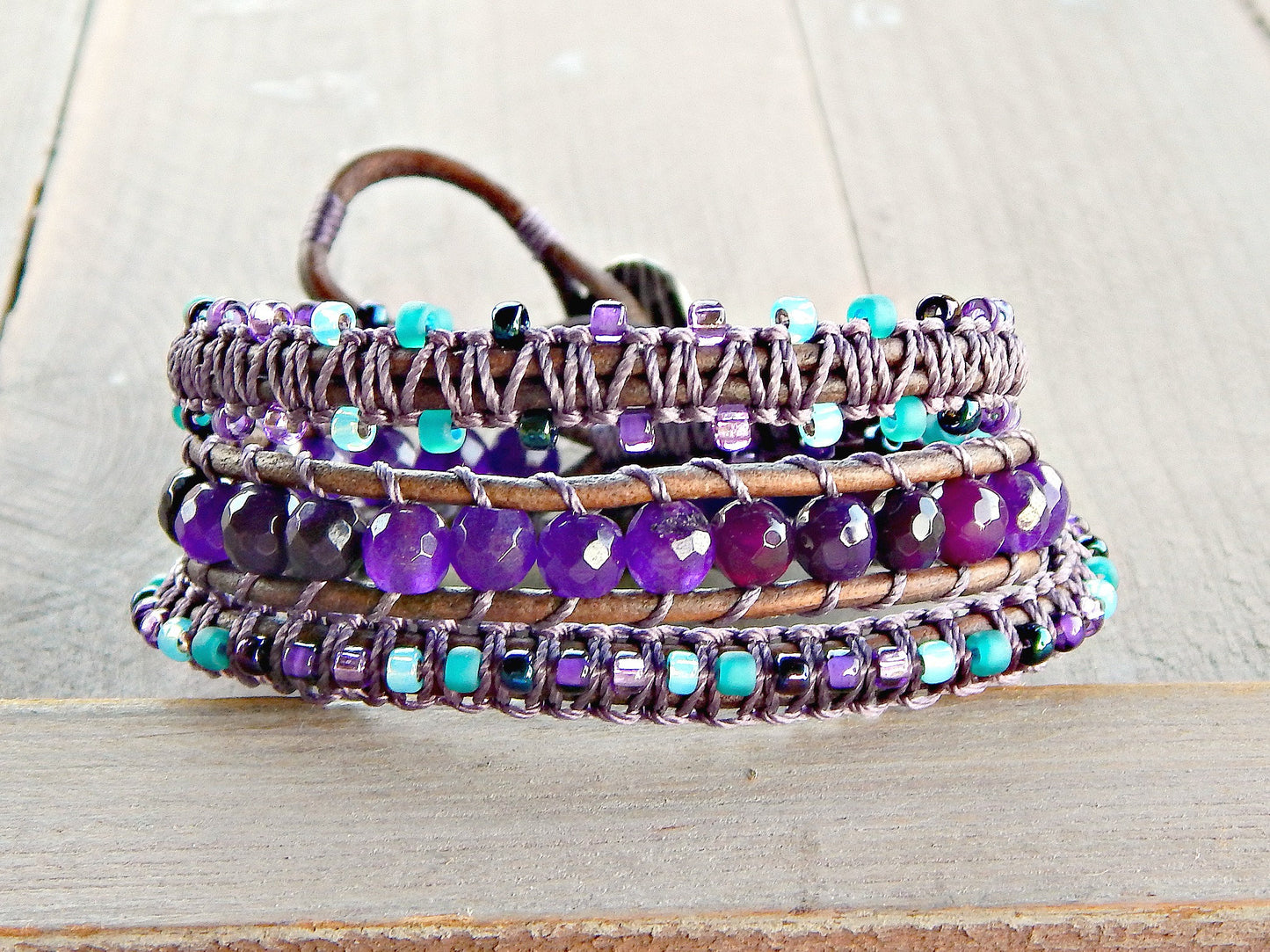 Amethyst Night Sky and Macrame Boho 3x Leather wrap bracelet