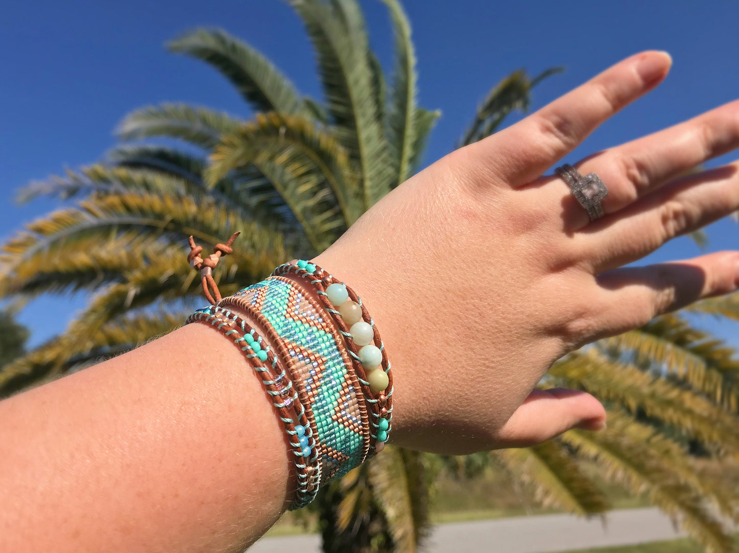 Aqua and Rose Gold Tribal Loom Beaded Leather Bracelet