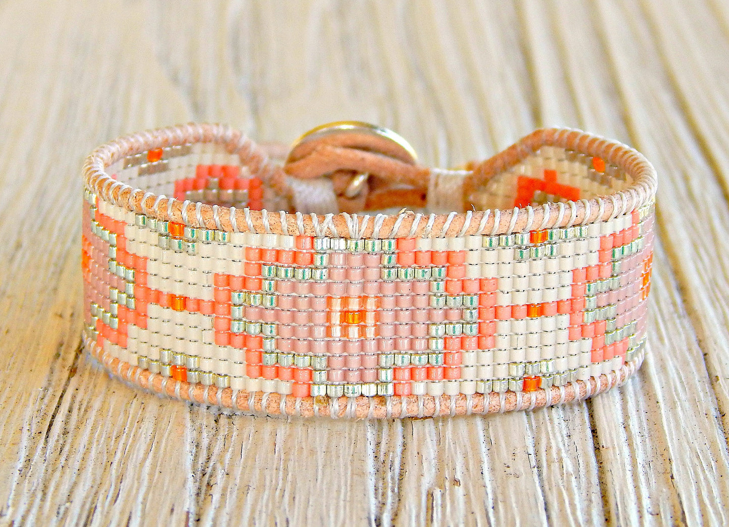 Turquoise, Blush, and Rose Gold Southwestern Style Bead Loom Woven Bracelet