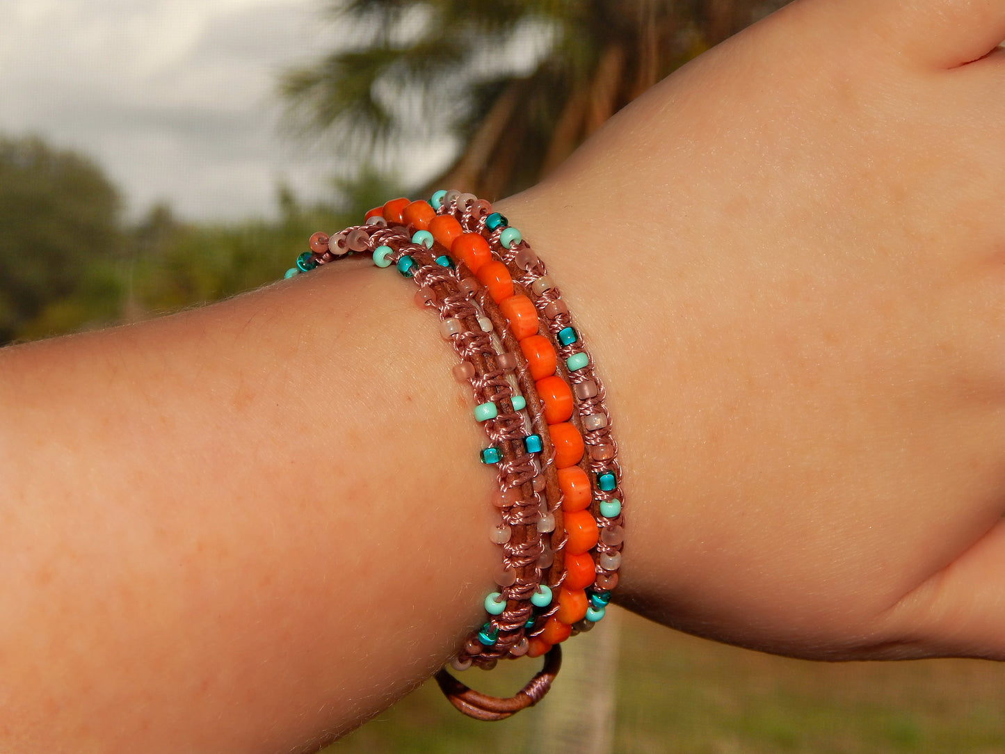 Teal and Coral Macrame Boho 3x wrap bracelet, unique macrame wrap bracelet