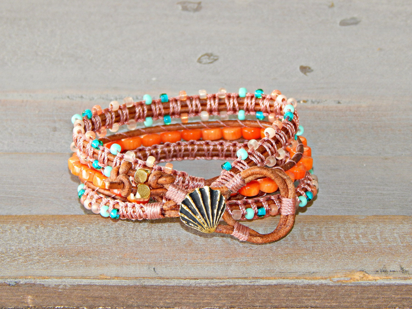 Teal and Coral Macrame Boho 3x wrap bracelet, unique macrame wrap bracelet