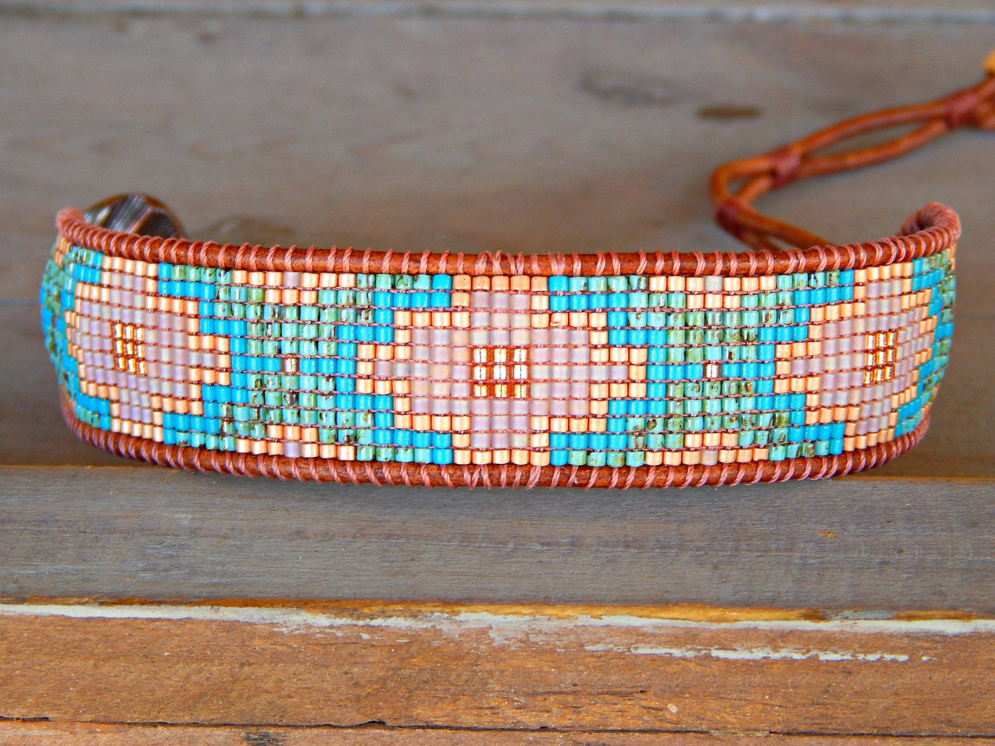 Turquoise, Blush, and Rose Gold Southwestern Style Bead Loom Woven Bracelet