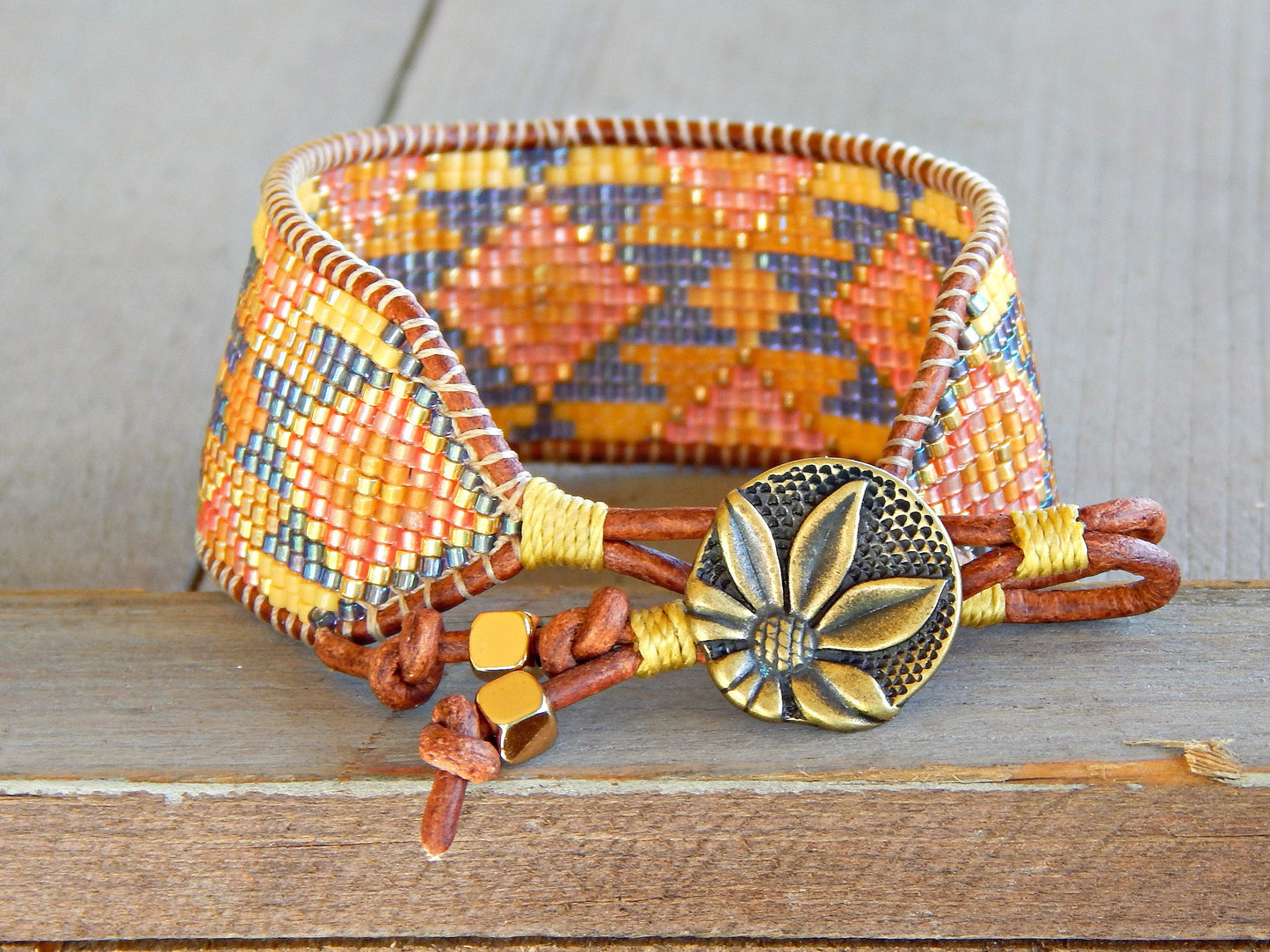 Sunflower Inspired Tribal  Bead Loom Woven Cuff Bracelet