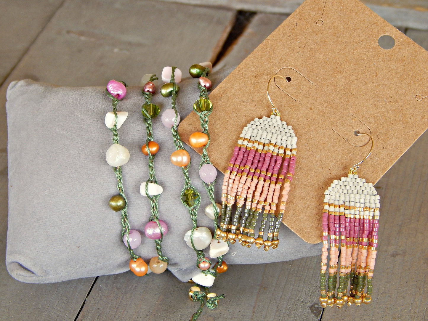 Olive Green, Peach, Berry, and Gold Tassel Earring