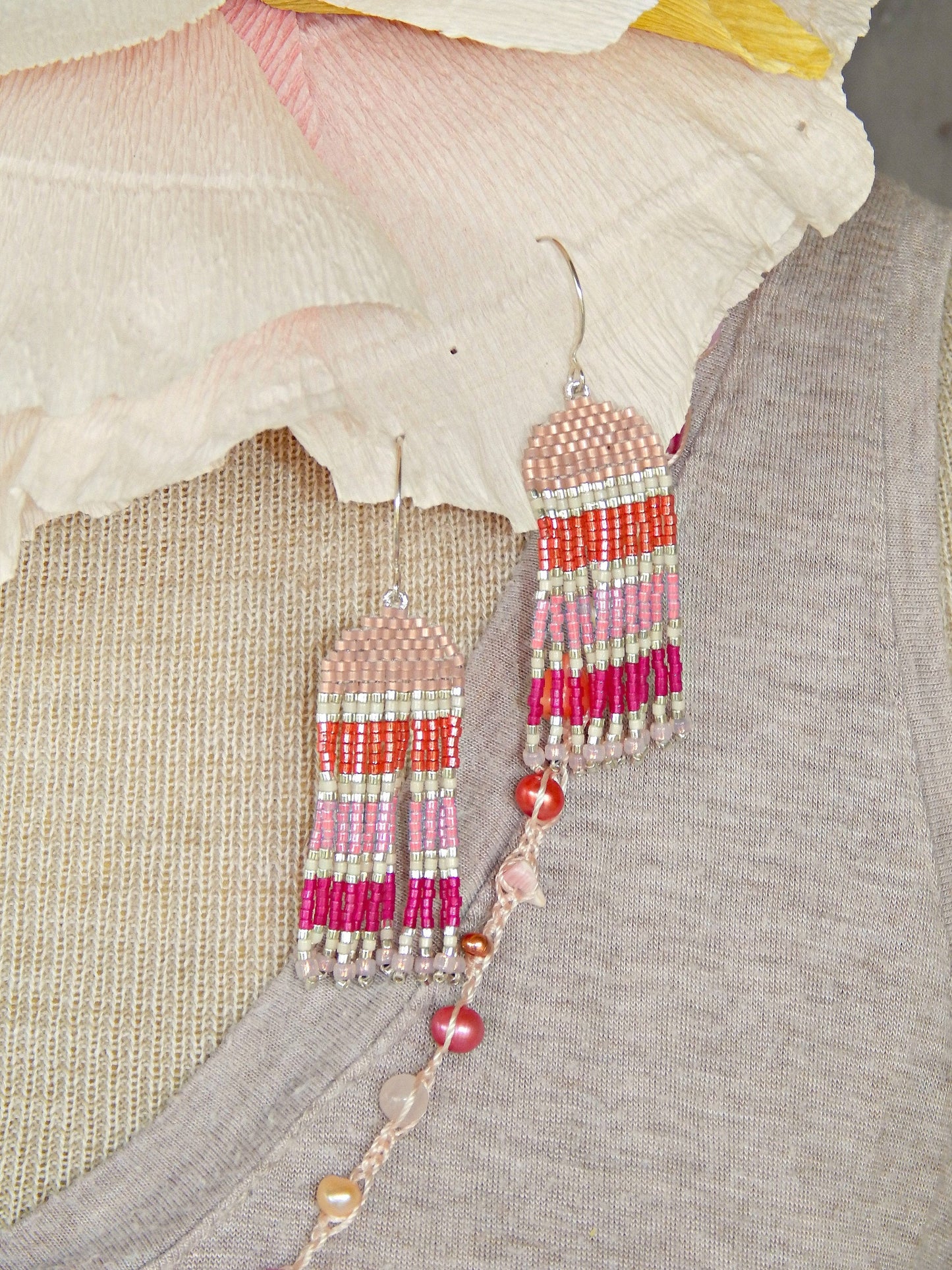 Pink, Peach, and Silver Tassel Earring, Beaded tassel earring