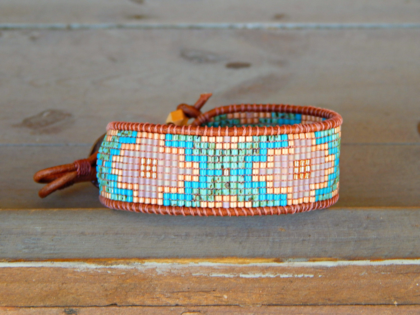 Turquoise, Blush, and Rose Gold Southwestern Style Bead Loom Woven Bracelet