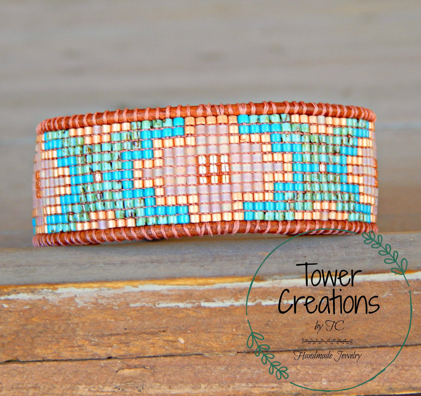 Turquoise, Blush, and Rose Gold Southwestern Style Bead Loom Woven Bracelet